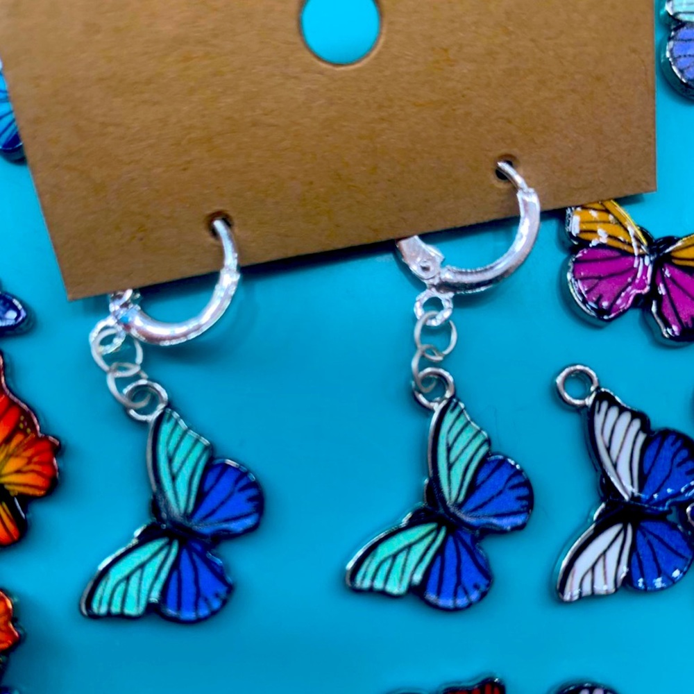 Teal and blue butterfly hoops